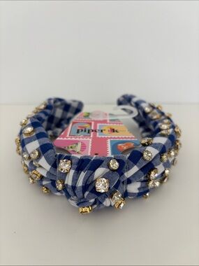 Blue Gingham Rhinestone Padded Headband